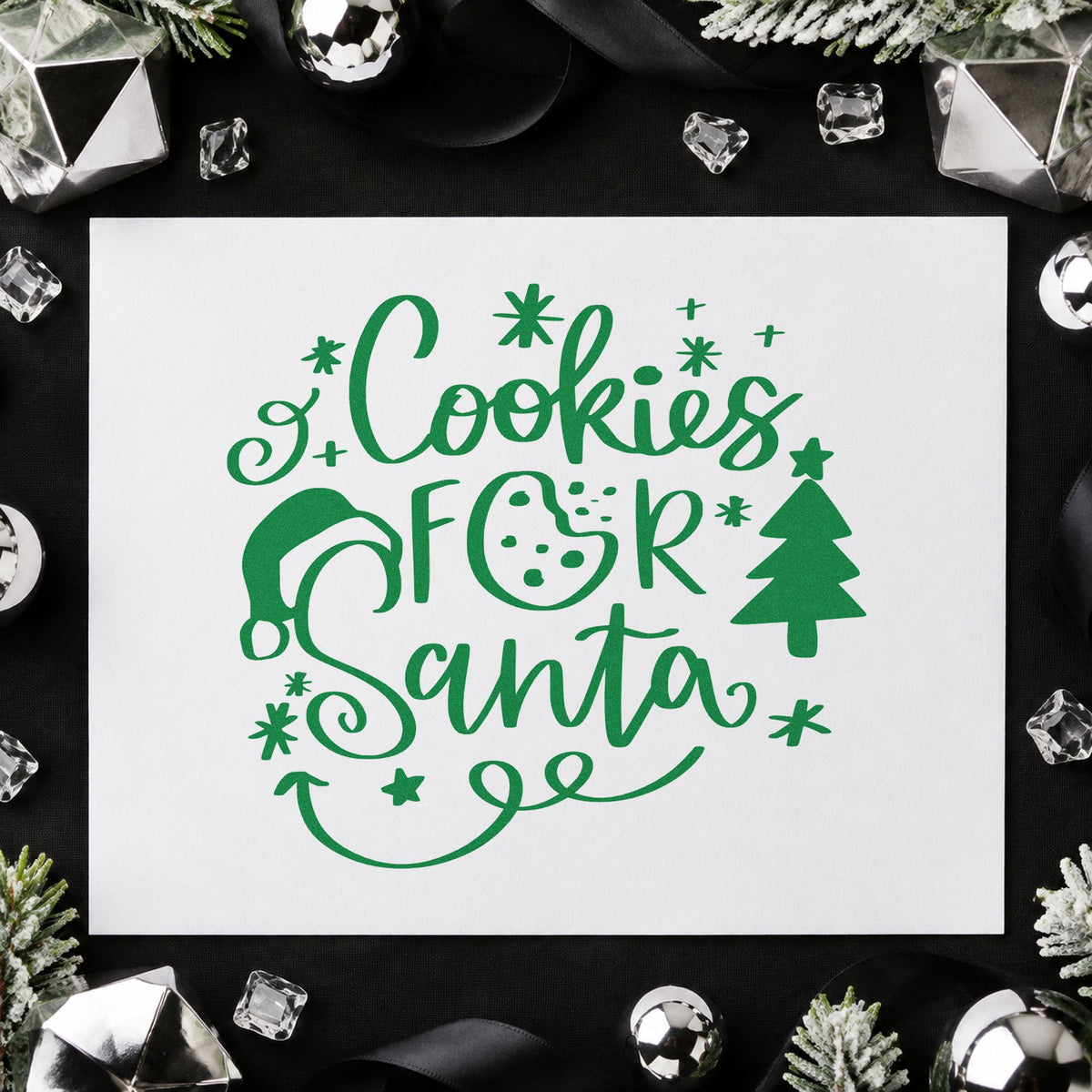 Cookies For Santa craft stamp imprinted in green ink on paper, a design suited to framed mantel art.