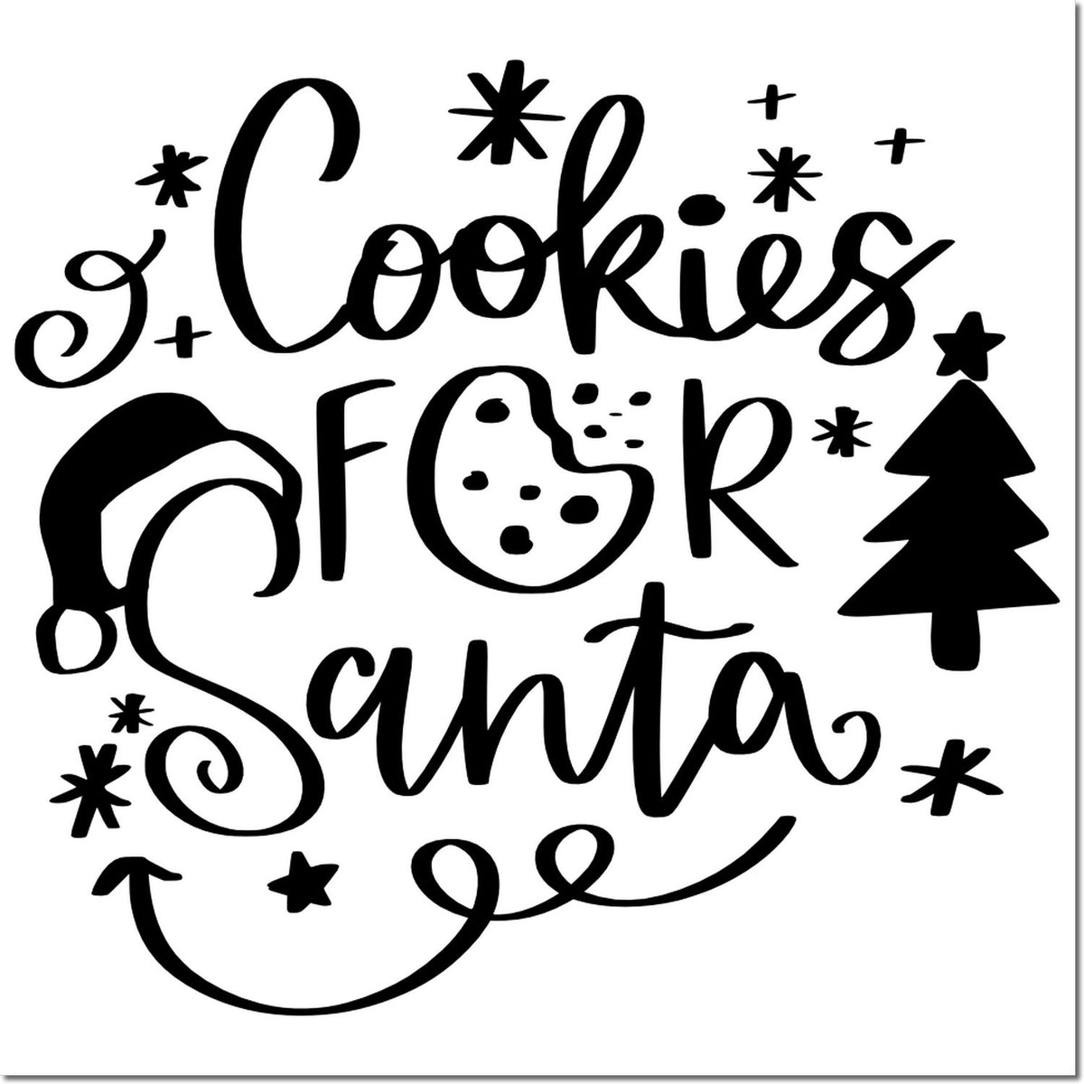 Cookies for Santa holiday rubber stamp design with Christmas cookie, Santa hat, tree, and stars.