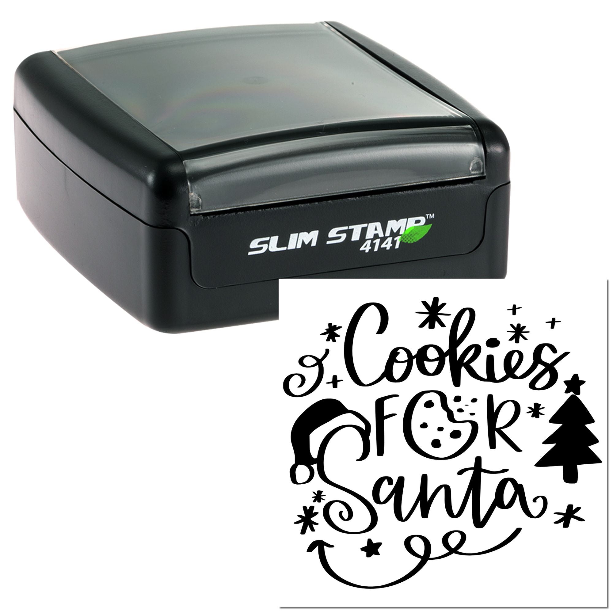 Custom rubber stamp with Cookies for Santa graphic for Christmas baking, holiday packaging, and festive gift tags.