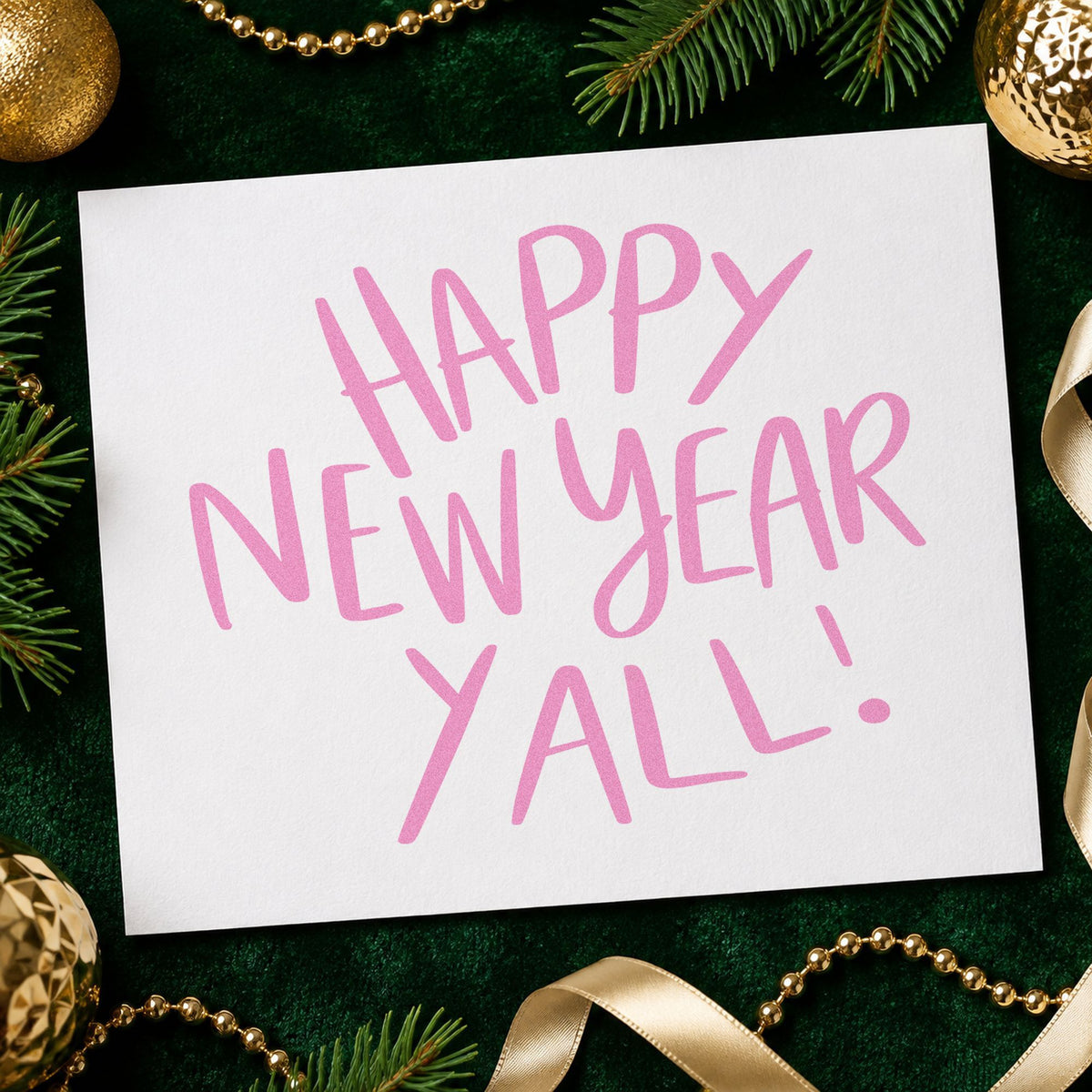 Happy New Year Yall craft stamp in purple ink on cardstock, an easy option for midnight album page.