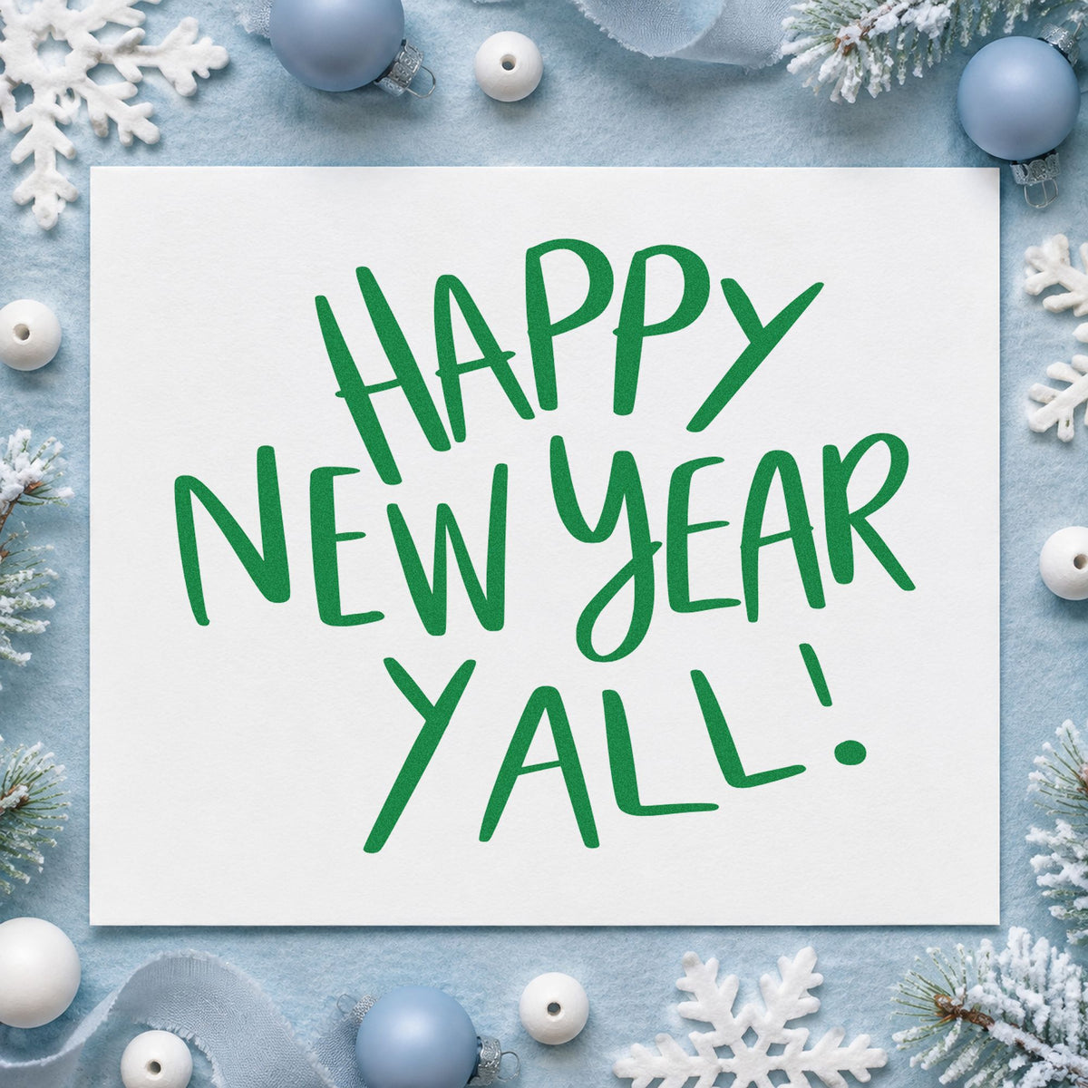 Happy New Year Yall craft stamp imprint in green ink on a handmade project, one idea being bubbly bottle tags.