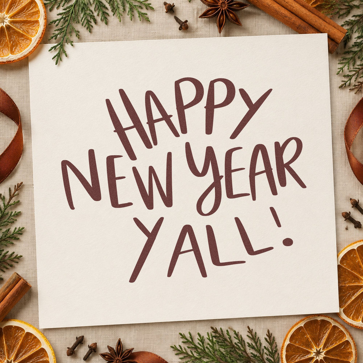Happy New Year Yall rubber stamp printed in brown ink, ready for resolution list sheet and similar paper crafts.