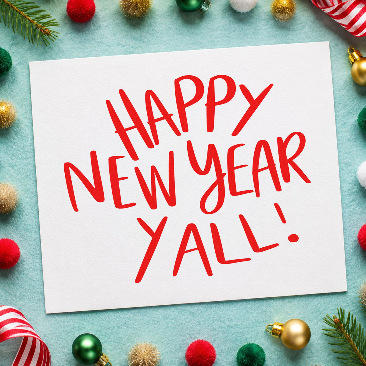 Happy New Year Yall rubber stamp shown in red ink, stamped for projects such as party favor seals.