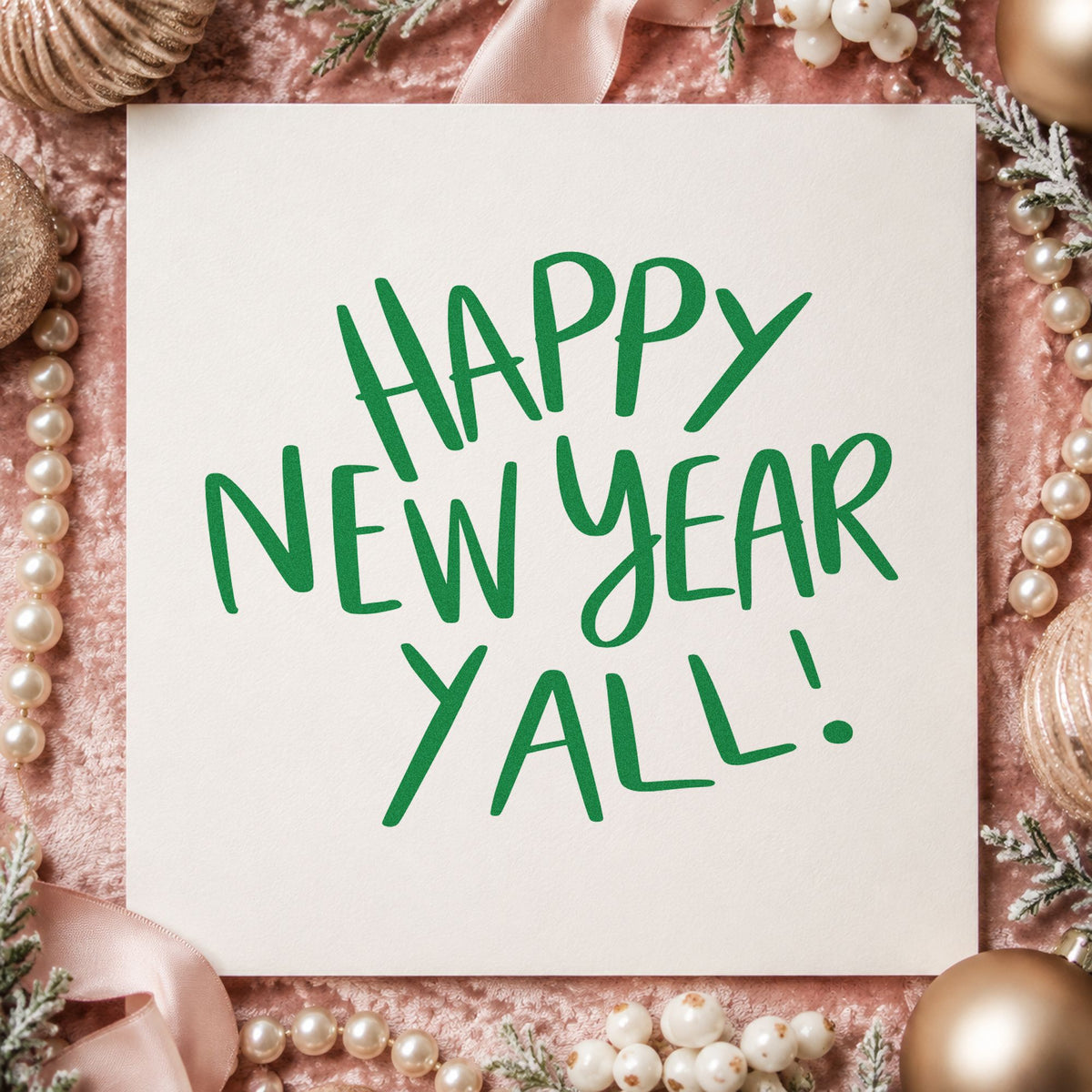 Happy New Year Yall craft stamp imprint in green ink on a handmade project, one idea being watch night programs.