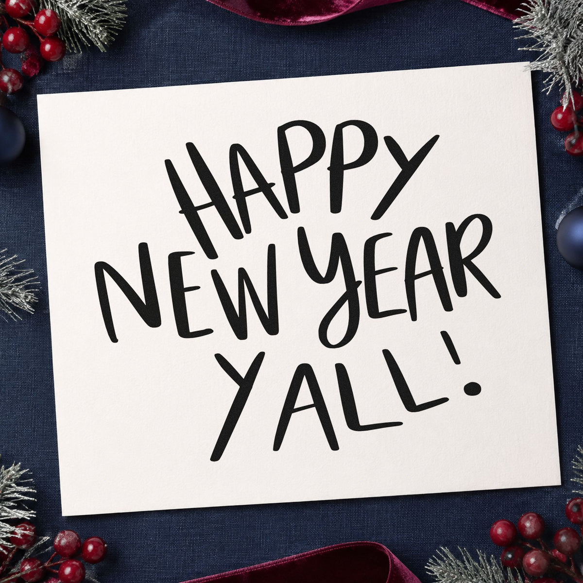 Happy New Year Yall rubber stamp printed in black ink, ready for new year yall cards and similar paper crafts.