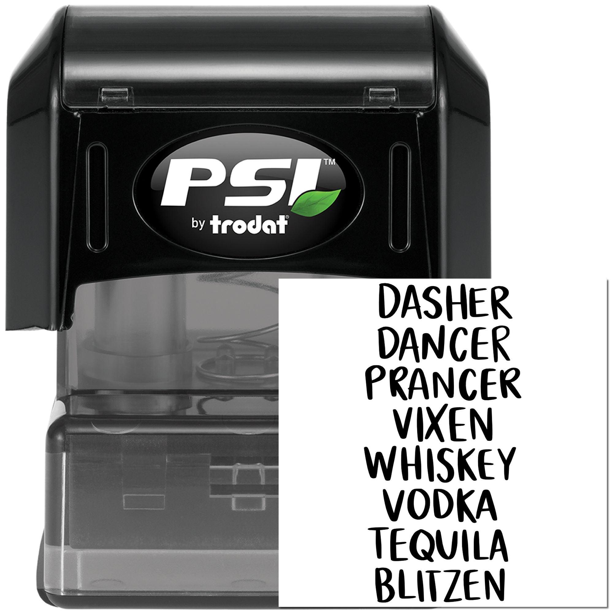 PSI by Trodat self-inking rubber stamp with custom Christmas reindeer and drink-themed text for holiday cards and crafts.