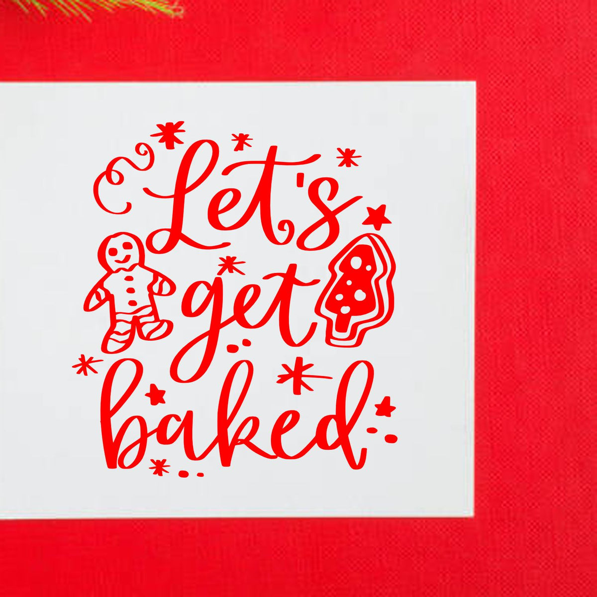 Festive custom rubber stamp design with Lets Get Baked text, gingerbread man and cookie icons for holiday baking crafts.