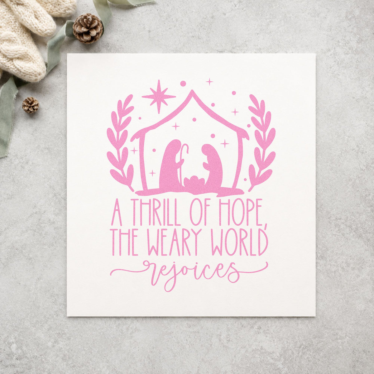 Thrill Of Hope Nativity craft stamp in purple ink on cardstock, an easy option for advent album spread.