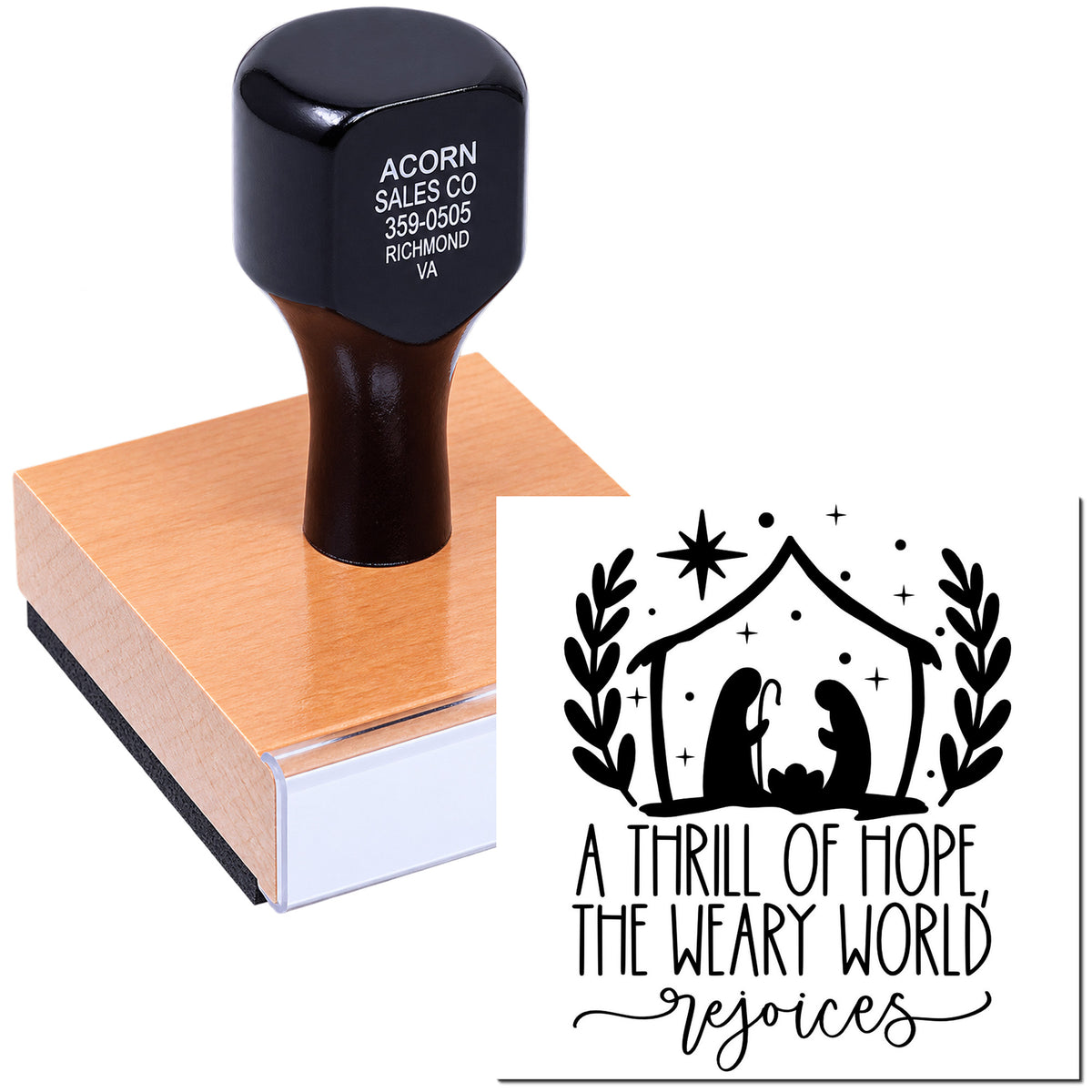 Personalized rubber stamp for Christmas crafts featuring nativity art and A thrill of hope scripture.