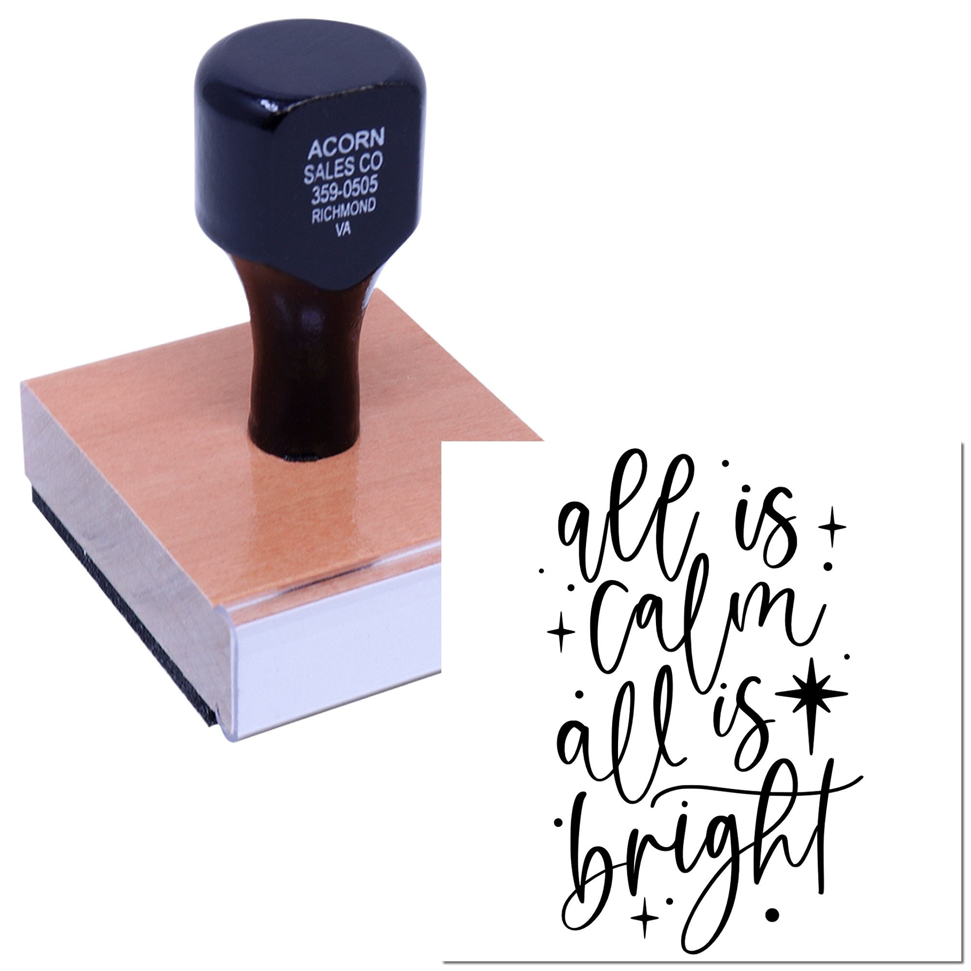 Custom rubber stamp with all is calm all is bright script design for holiday cards and crafts.
