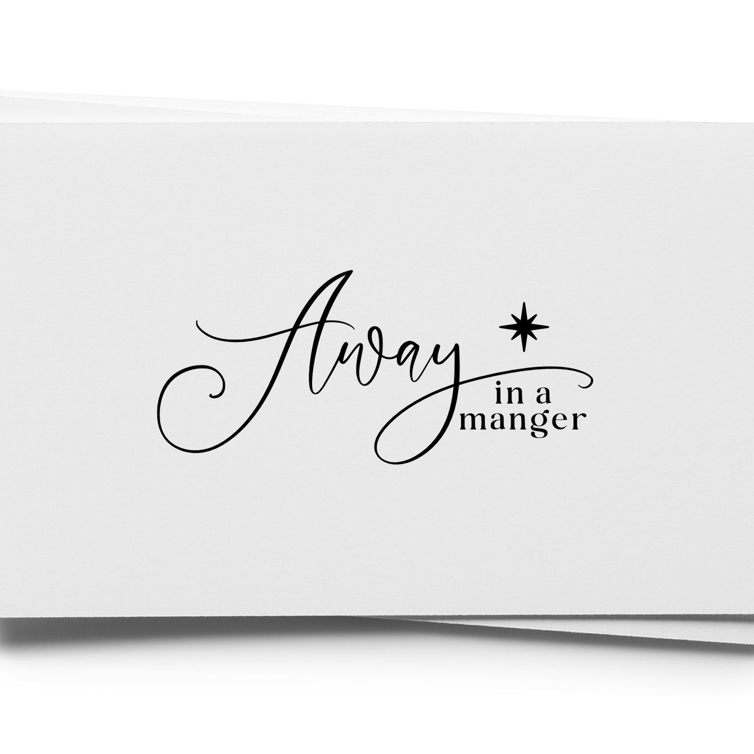 Away in a Manger rubber stamp design with star, elegant Christmas nativity script for holiday cards and crafts.