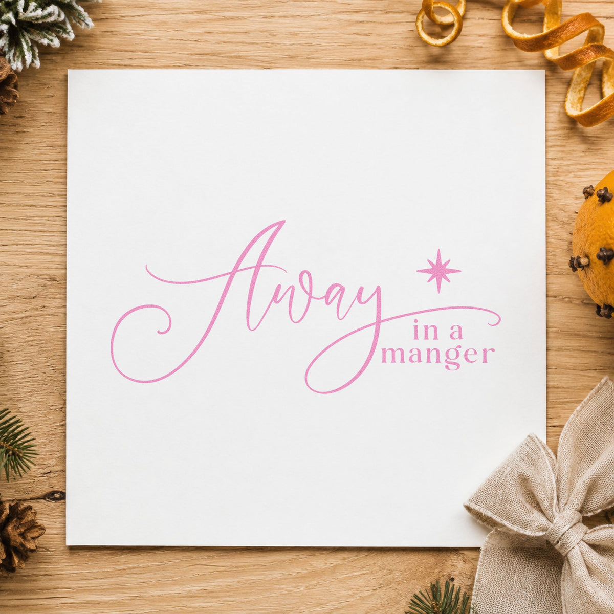 Away In A Manger craft stamp in purple ink on cardstock, an easy option for sunday school album.