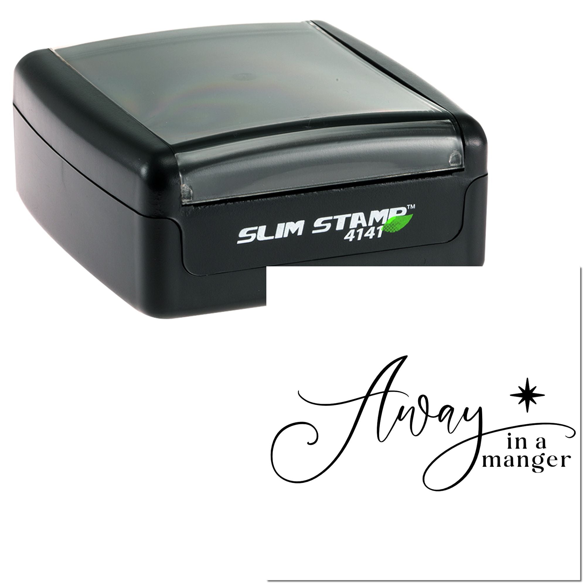 Custom self-inking rubber stamp with Away in a Manger design for Christmas cards, crafts, and holiday stamping.