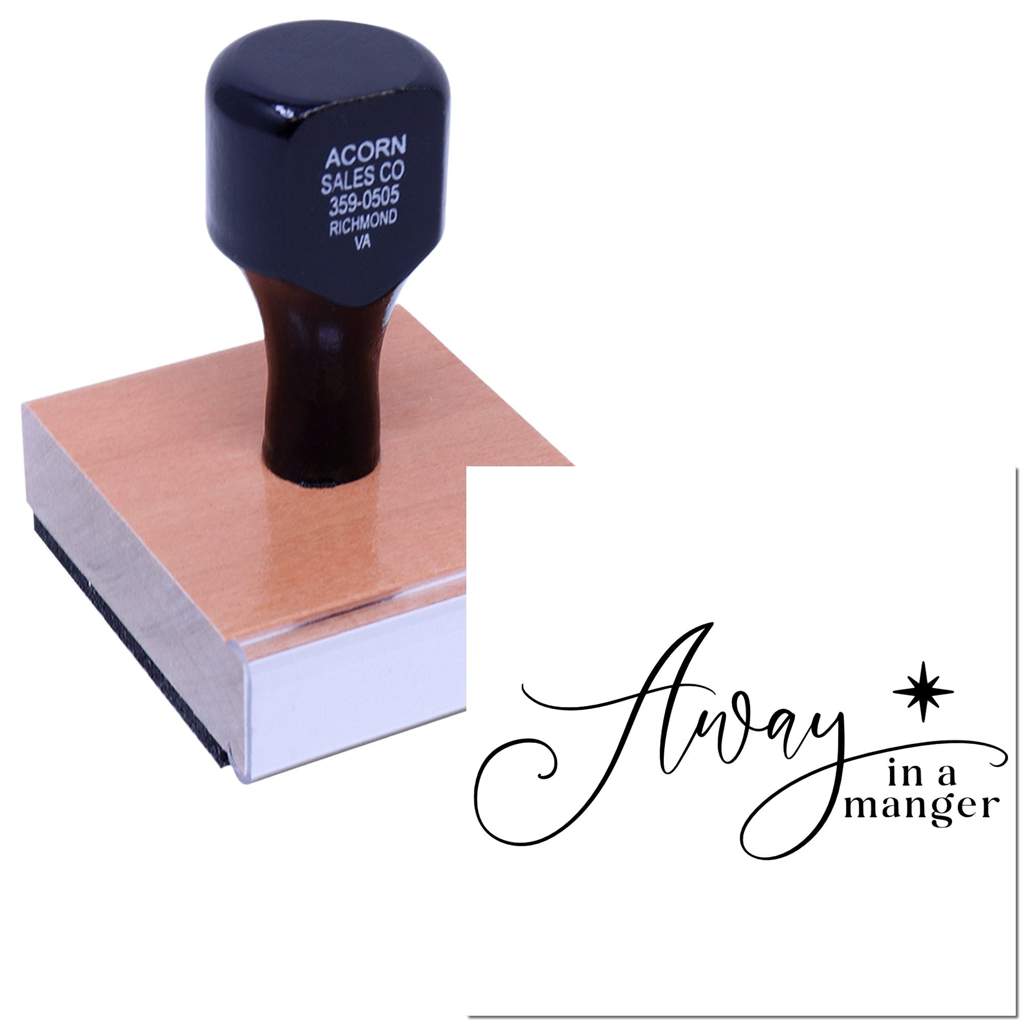 Christmas rubber stamp with "Away in a Manger" design for holiday cards, church crafts, and handmade gift tags.