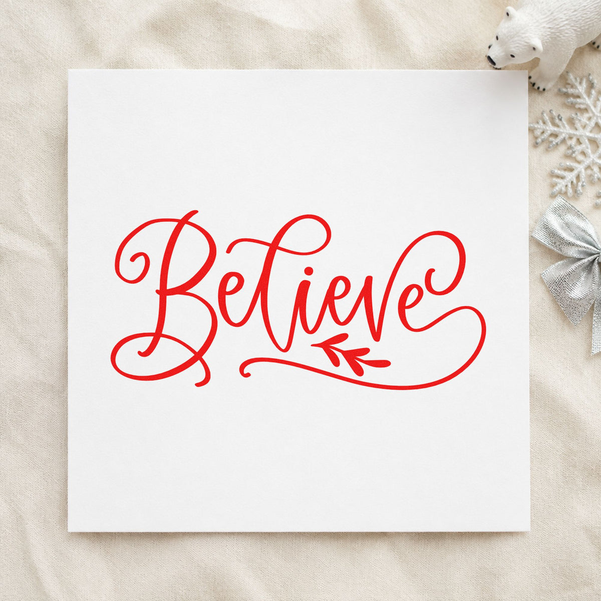 Believe With Leaf Flourish rubber stamp shown in red ink, stamped for projects such as envelope wax seals.