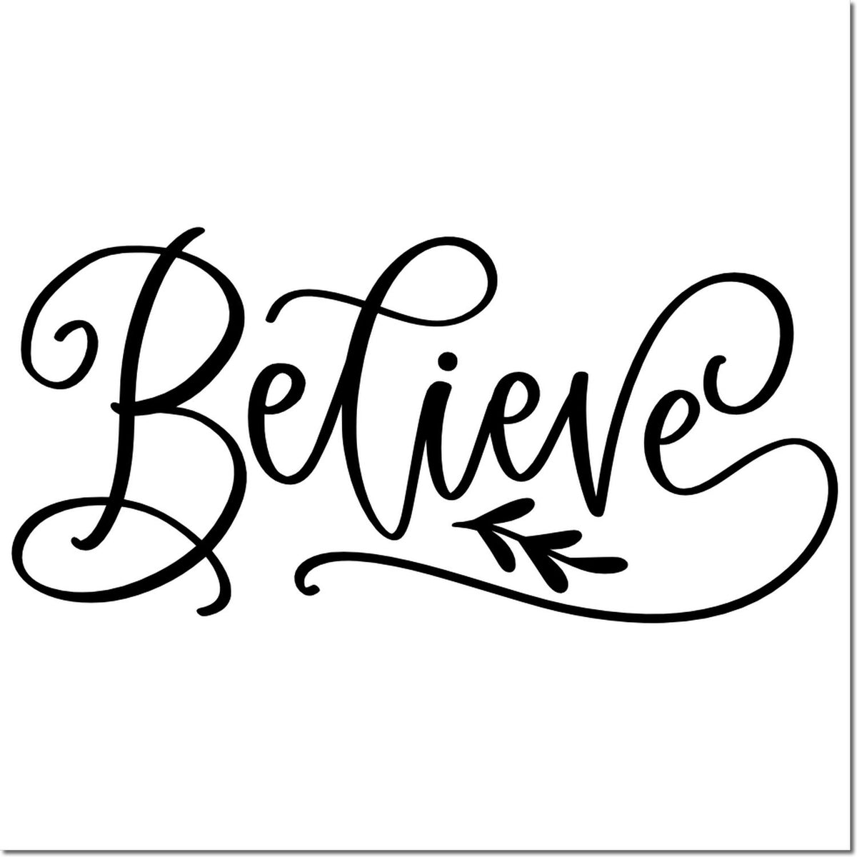 Believe decorative script rubber stamp design with leaf flourish for inspirational crafts, journaling, and handmade cards.