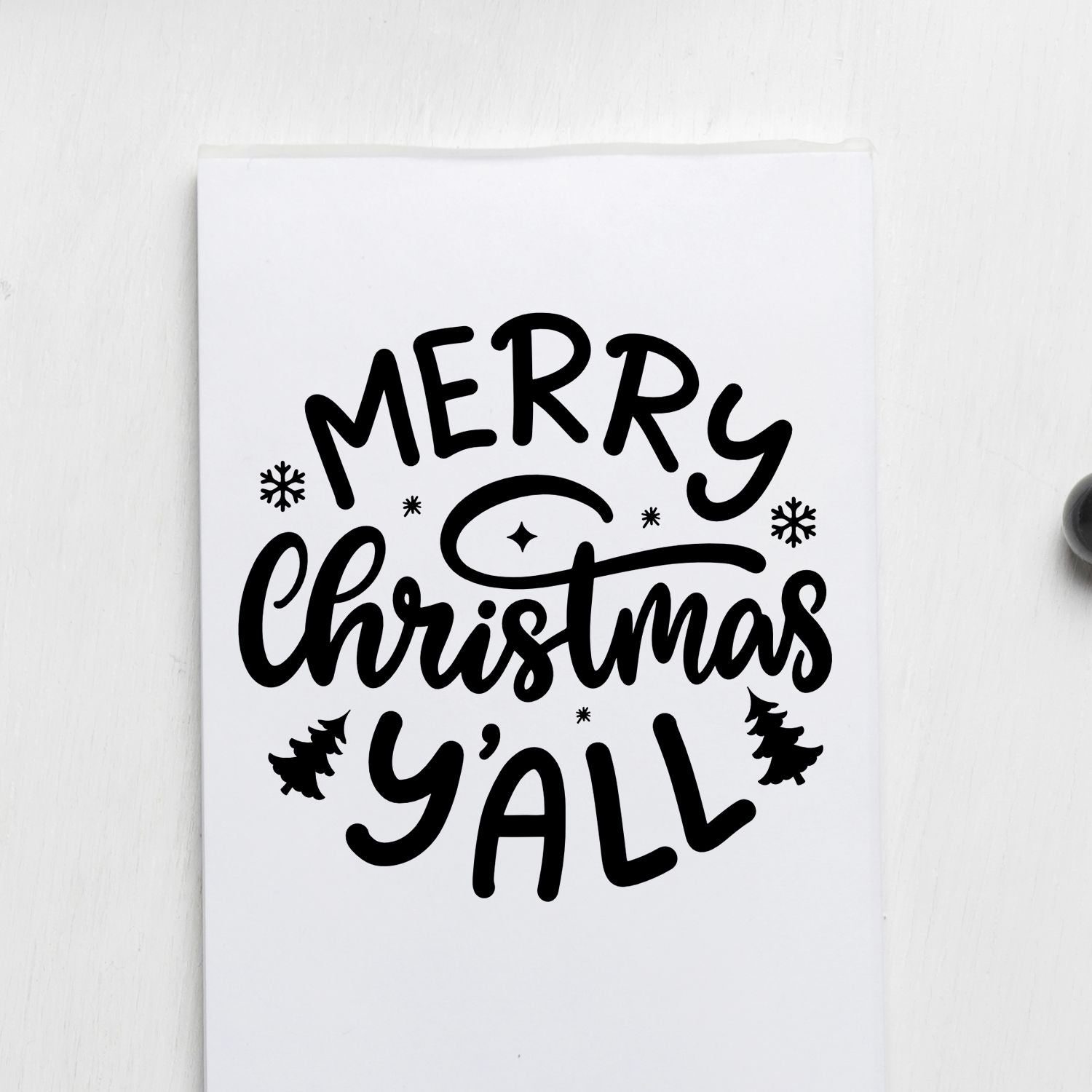 Merry Christmas Yall festive holiday rubber stamp design with script lettering