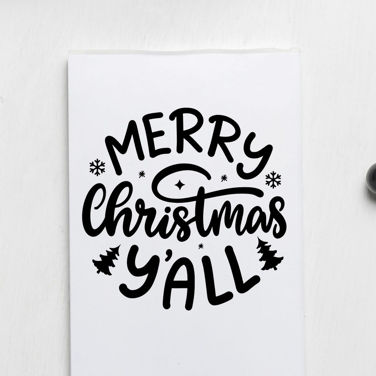 Merry Christmas Yall Trees Premium Wooden Stamp - Vintage Pro imprint stamped in black ink. "Merry Christmas Y'all" is decorated with small trees, snowflakes, and sparkles.