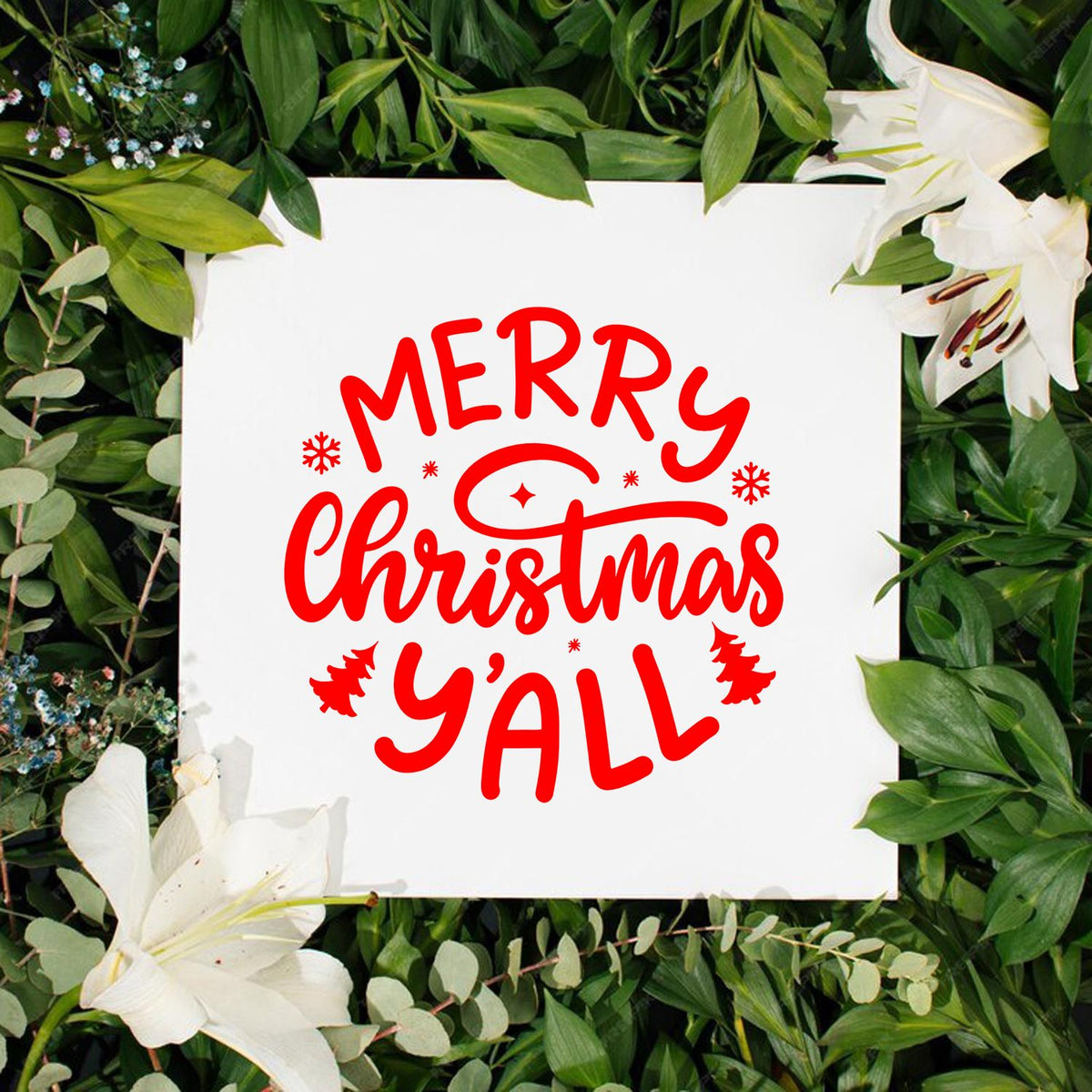 Merry Christmas Yall holiday rubber stamp design with festive red lettering for Christmas cards and craft projects