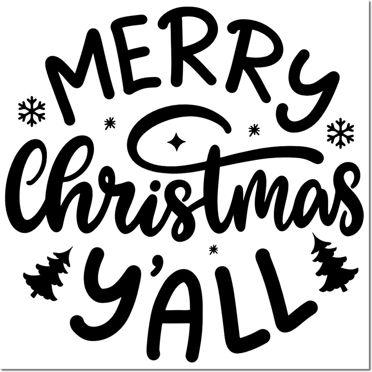 Merry Christmas yall rubber stamp design with snowflakes and pine trees for holiday cards and festive crafts.