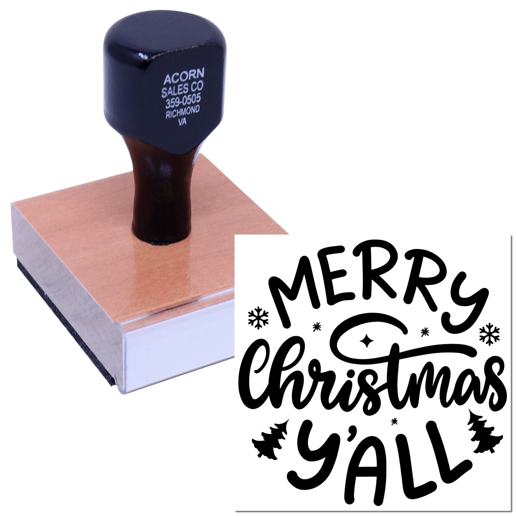Merry Christmas Yall rubber stamp with festive holiday lettering on a mounted wood stamp block.