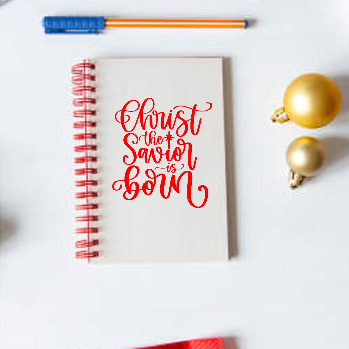 Christmas rubber stamp design with Christ the Savior Is Born in festive script for holiday cards and crafts.