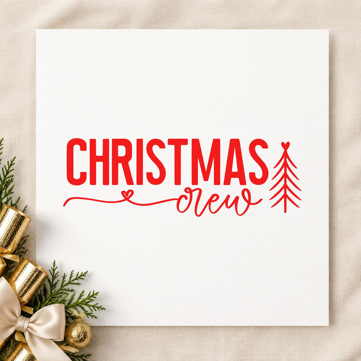 Christmas Crew With Tree craft stamp in red ink on cardstock, an easy option for matching tee printing.