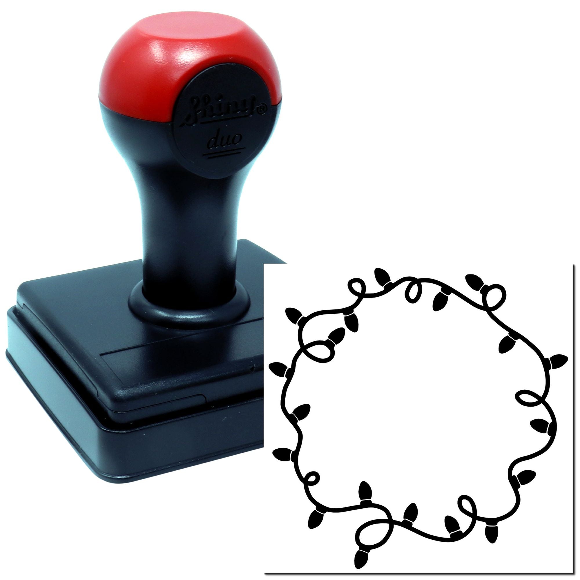 Self-inking rubber stamp showing a holiday string lights border, ideal for custom Christmas cards, invitations, and crafts.