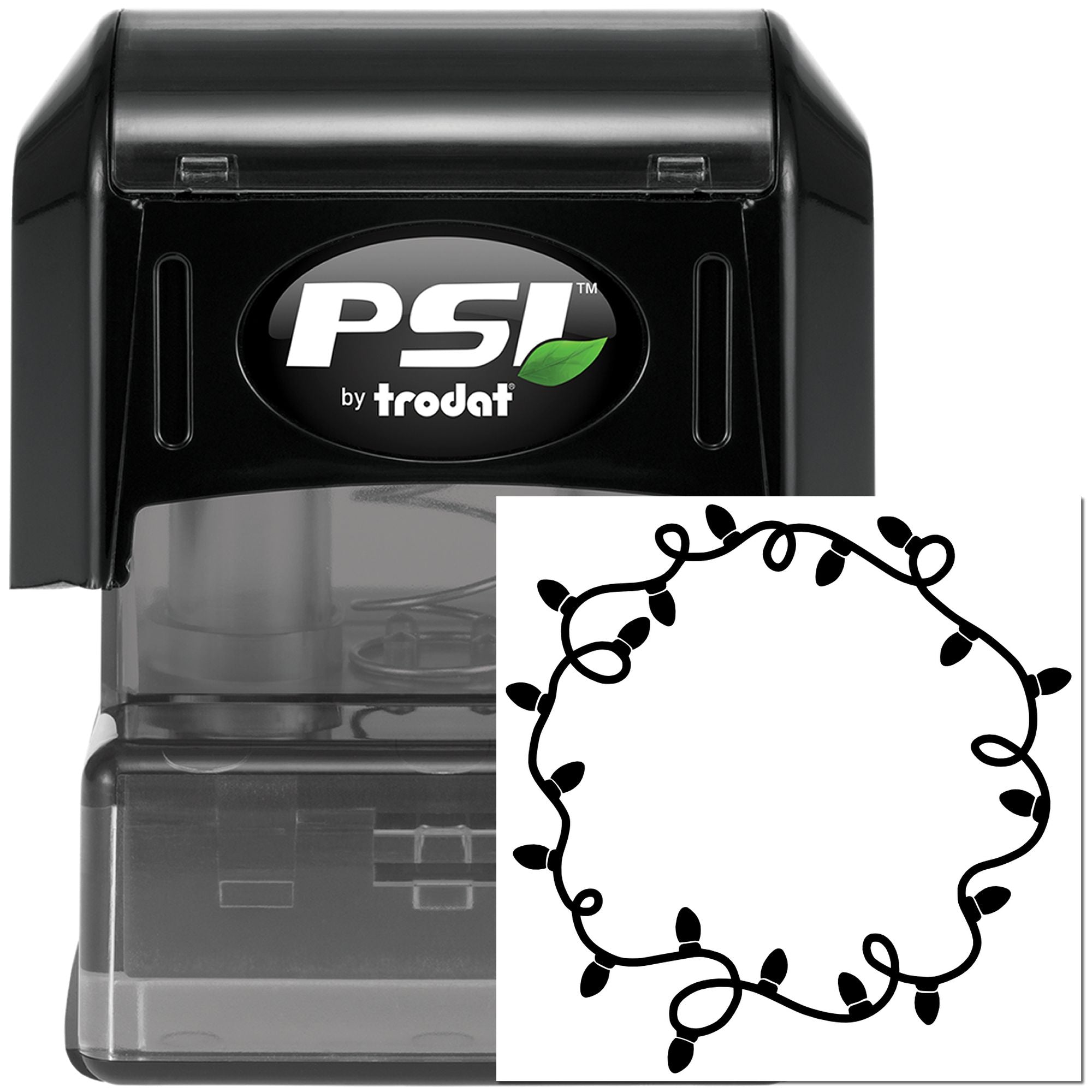 Self-inking rubber stamp with holiday lights border, ideal for custom holiday cards, labels, and festive packaging.