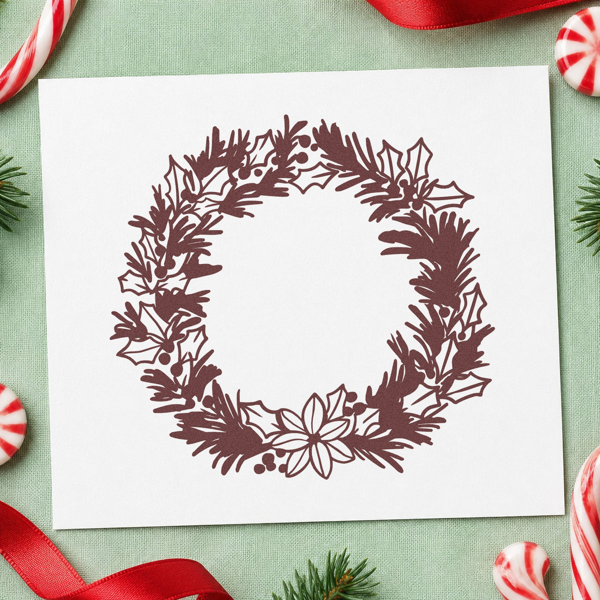 Pine Holly Floral Wreath Pre-Inked Stamp – Slim in use 4