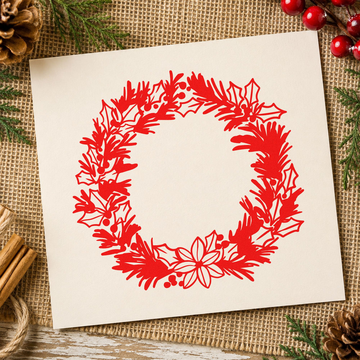 Pine Holly Floral Wreath Rubber Stamp – Duo Hand in use 5