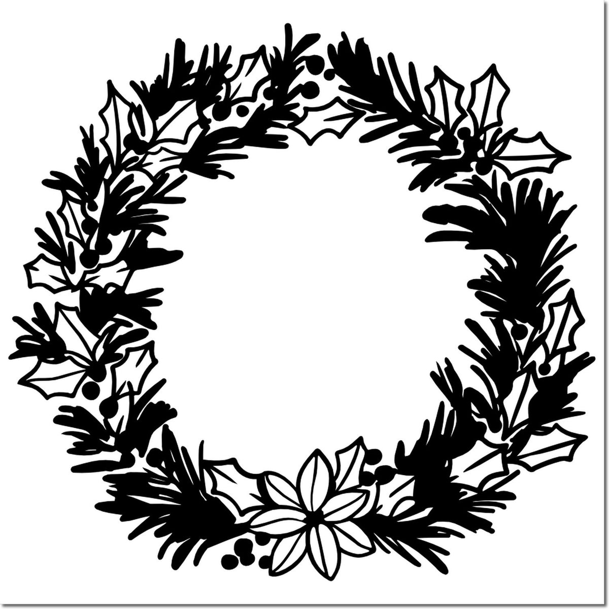 Christmas wreath rubber stamp design with holly, pine and poinsettia border for holiday cards, crafts and invitations.