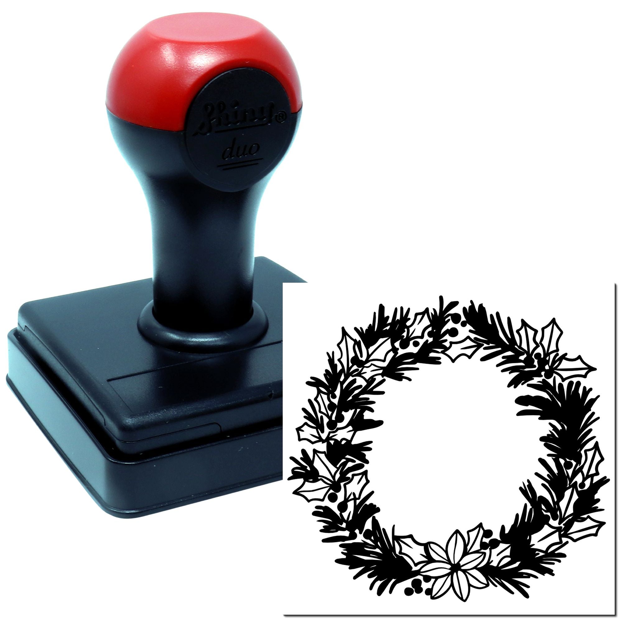 Self-inking holiday wreath rubber stamp with holly and poinsettia design for Christmas cards, crafts, and festive packaging.