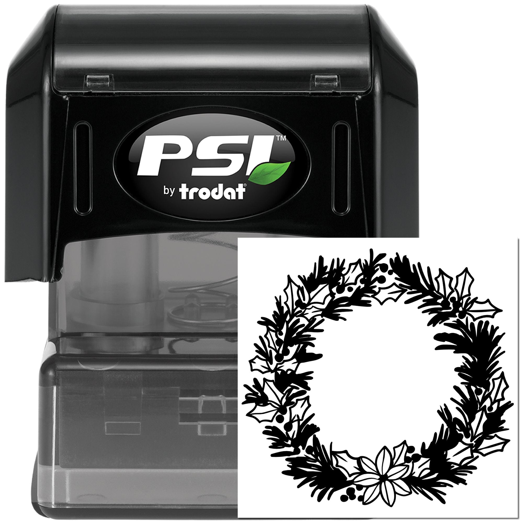 PSI by Trodat self-inking rubber stamp with holiday wreath design, ideal for festive card making and seasonal branding.