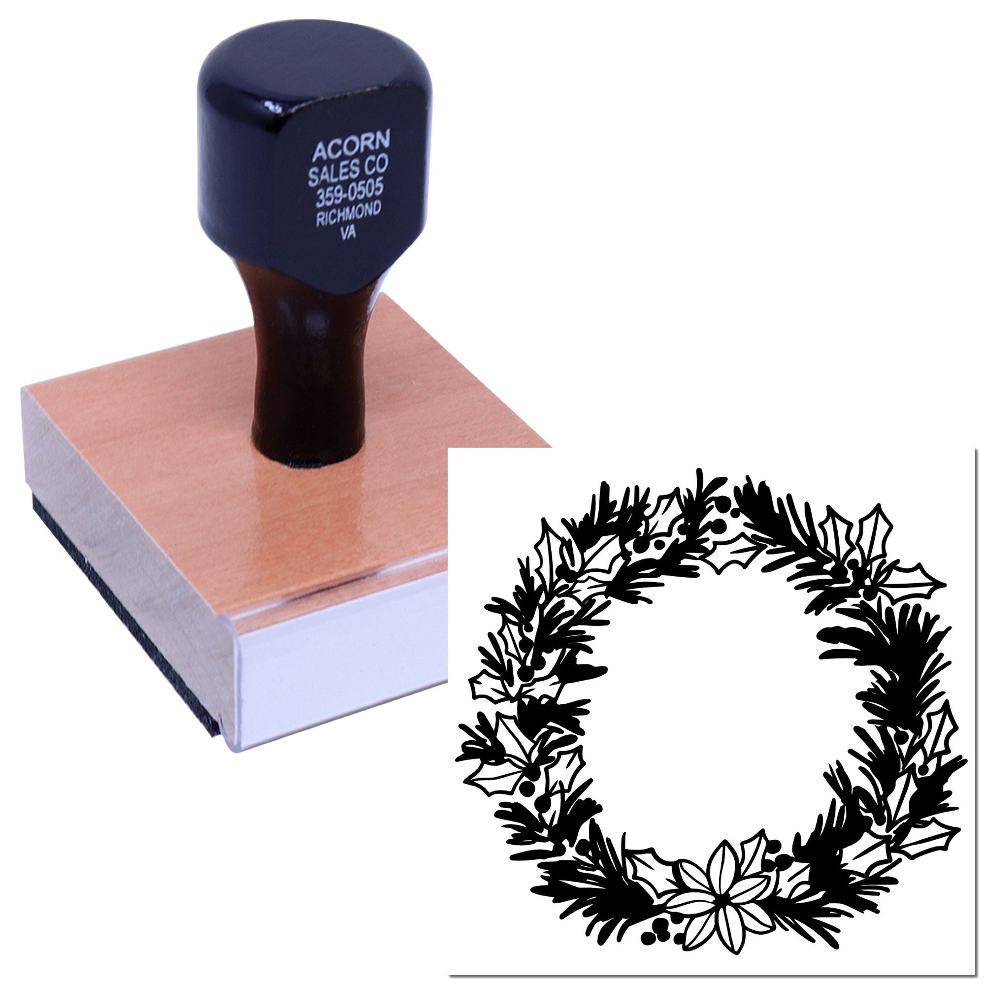 Custom holiday wreath rubber stamp for cards, gift tags, and seasonal packaging
