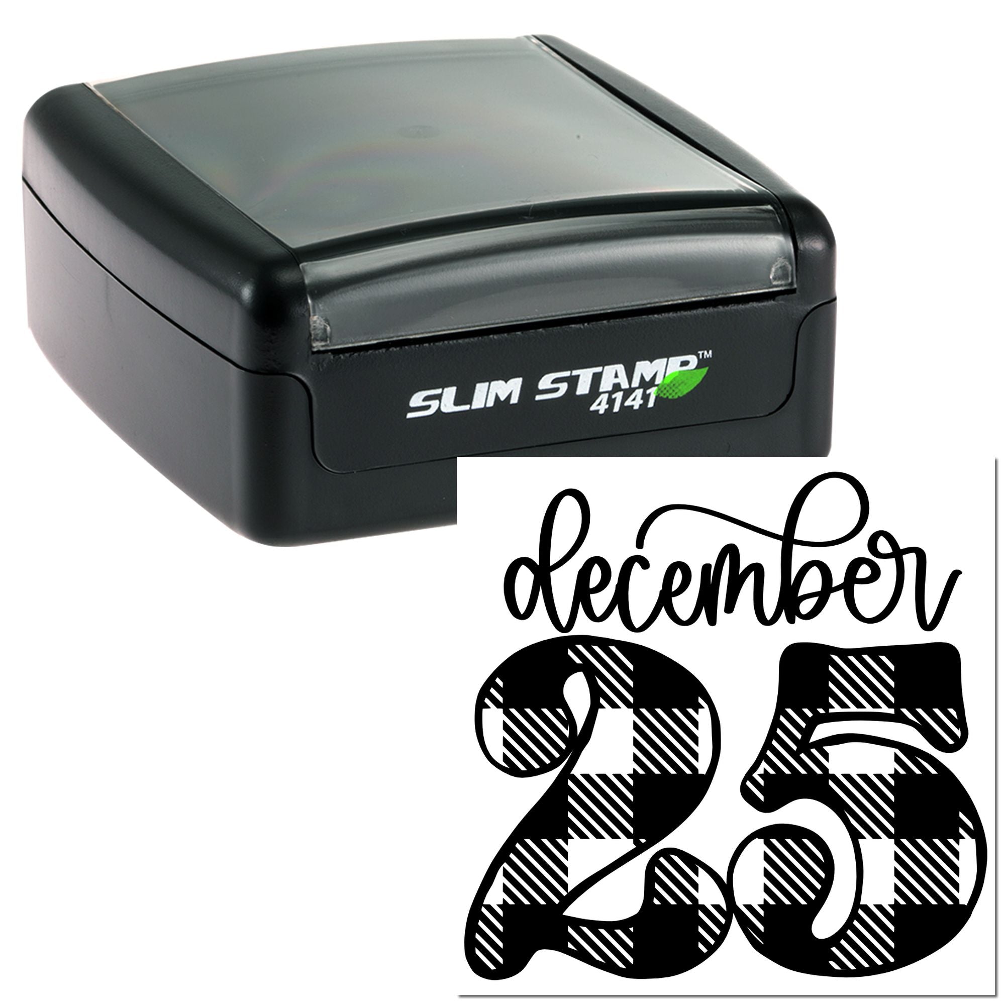 Custom self-inking rubber stamp with December 25 holiday date design for stamping labels