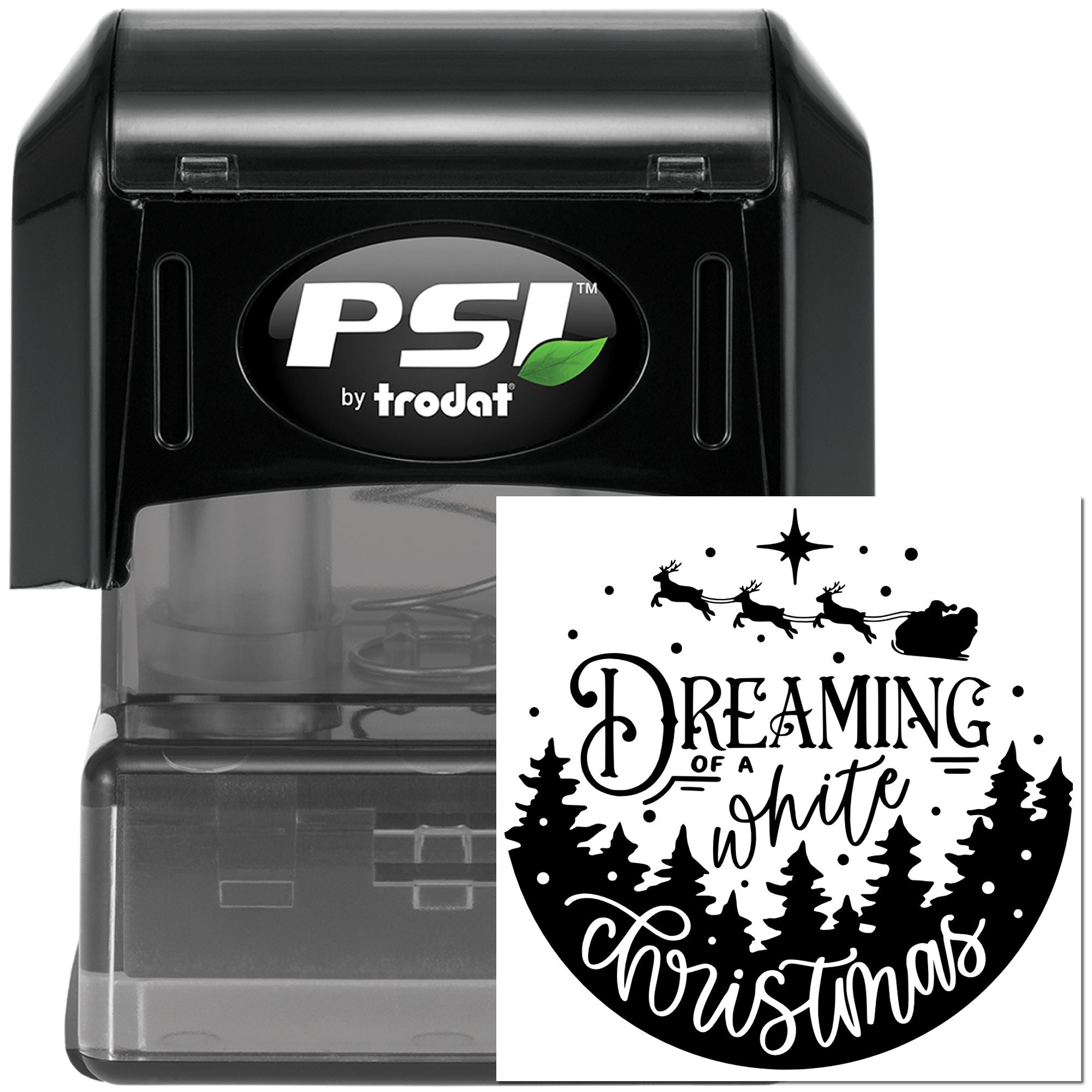 PSI by Trodat self-inking rubber stamp with Dreaming of a White Christmas design for custom holiday stamping.