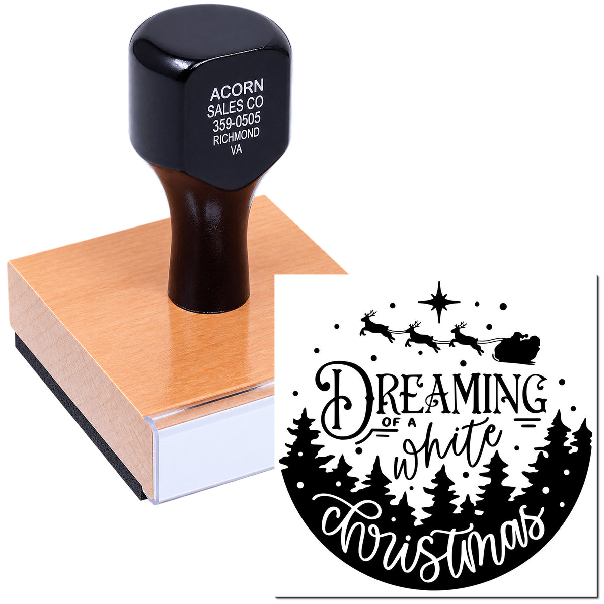 Custom Christmas rubber stamp with Dreaming of a White Christmas holiday design for festive cards and crafts.