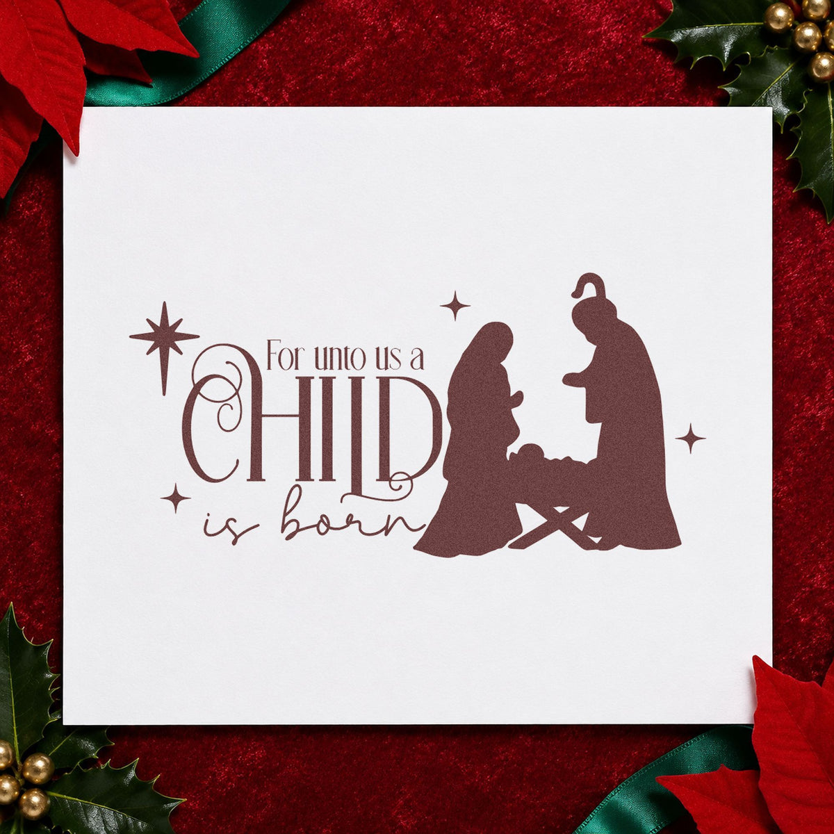 Unto Us Child Is Born rubber stamp printed in brown ink, ready for reading plan sheet and similar paper crafts.
