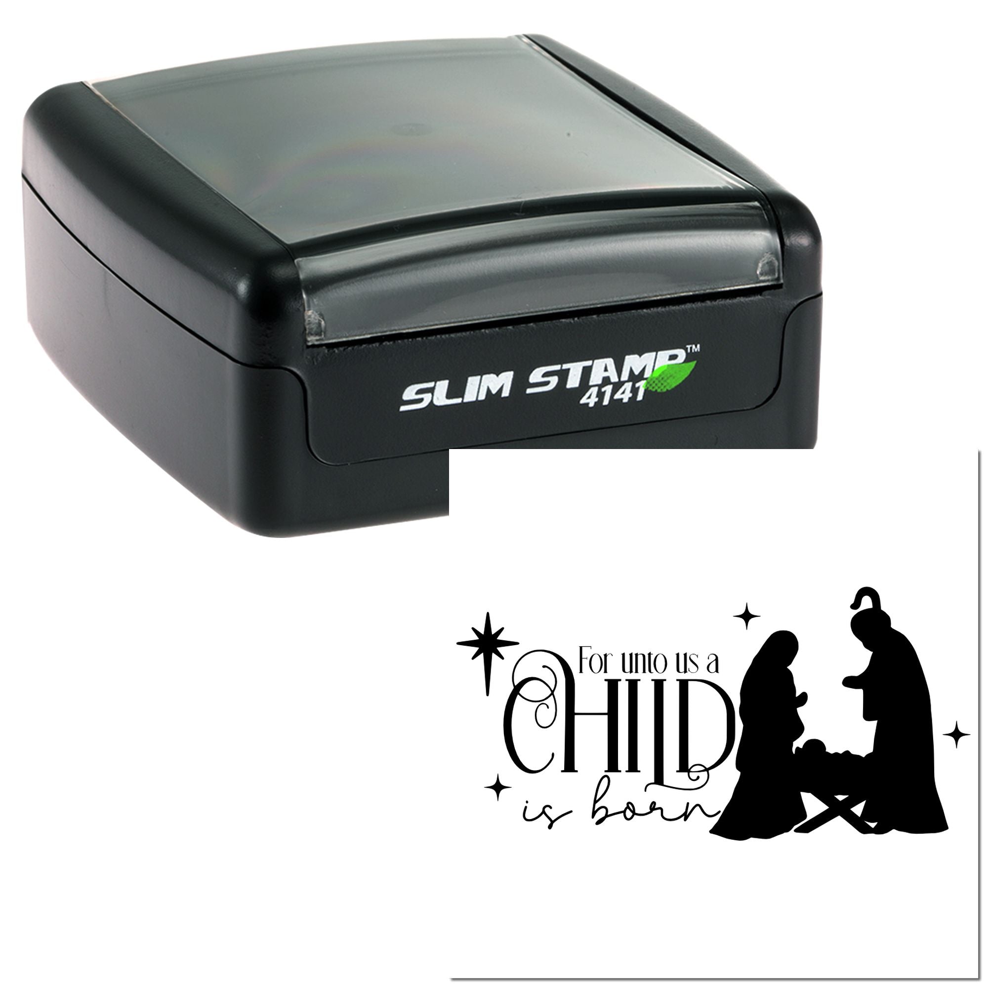 Self-inking Slim Stamp 4141 rubber stamp with For unto us a Child is born nativity design for Christmas crafts