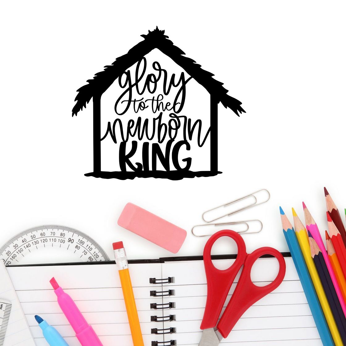 Christmas rubber stamp design featuring Glory to the Newborn King nativity stable for holiday cards, Bible crafts, and decor.