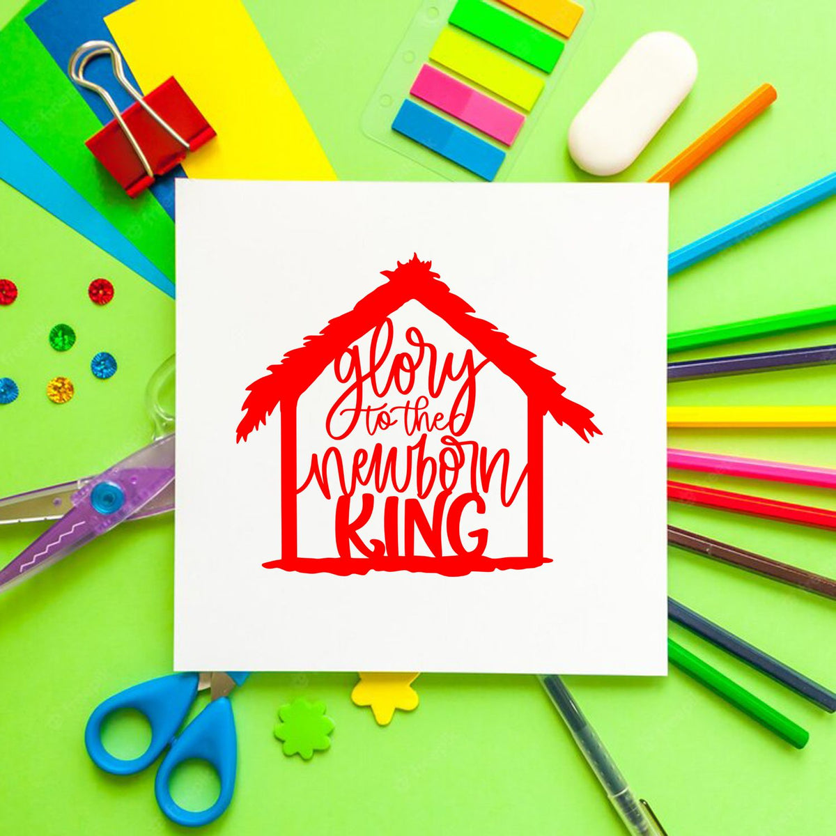 Christmas rubber stamp design with Glory to the Newborn King in a house shape for holiday papercrafts.