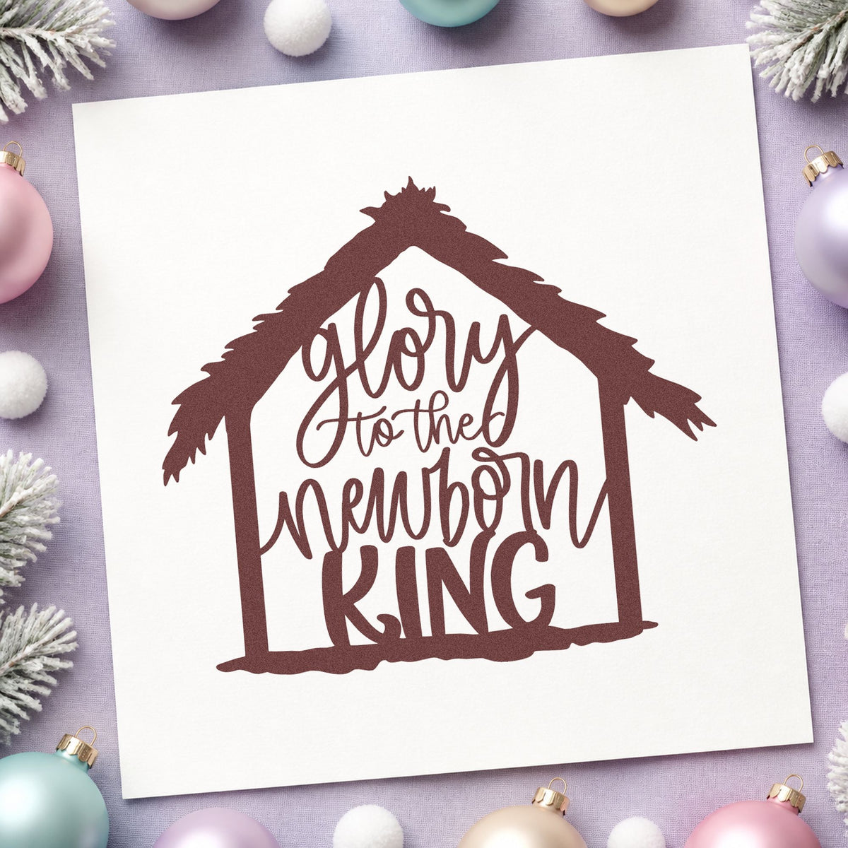 Glory To Newborn King rubber stamp printed in brown ink, ready for anthem rehearsal sheet and similar paper crafts.