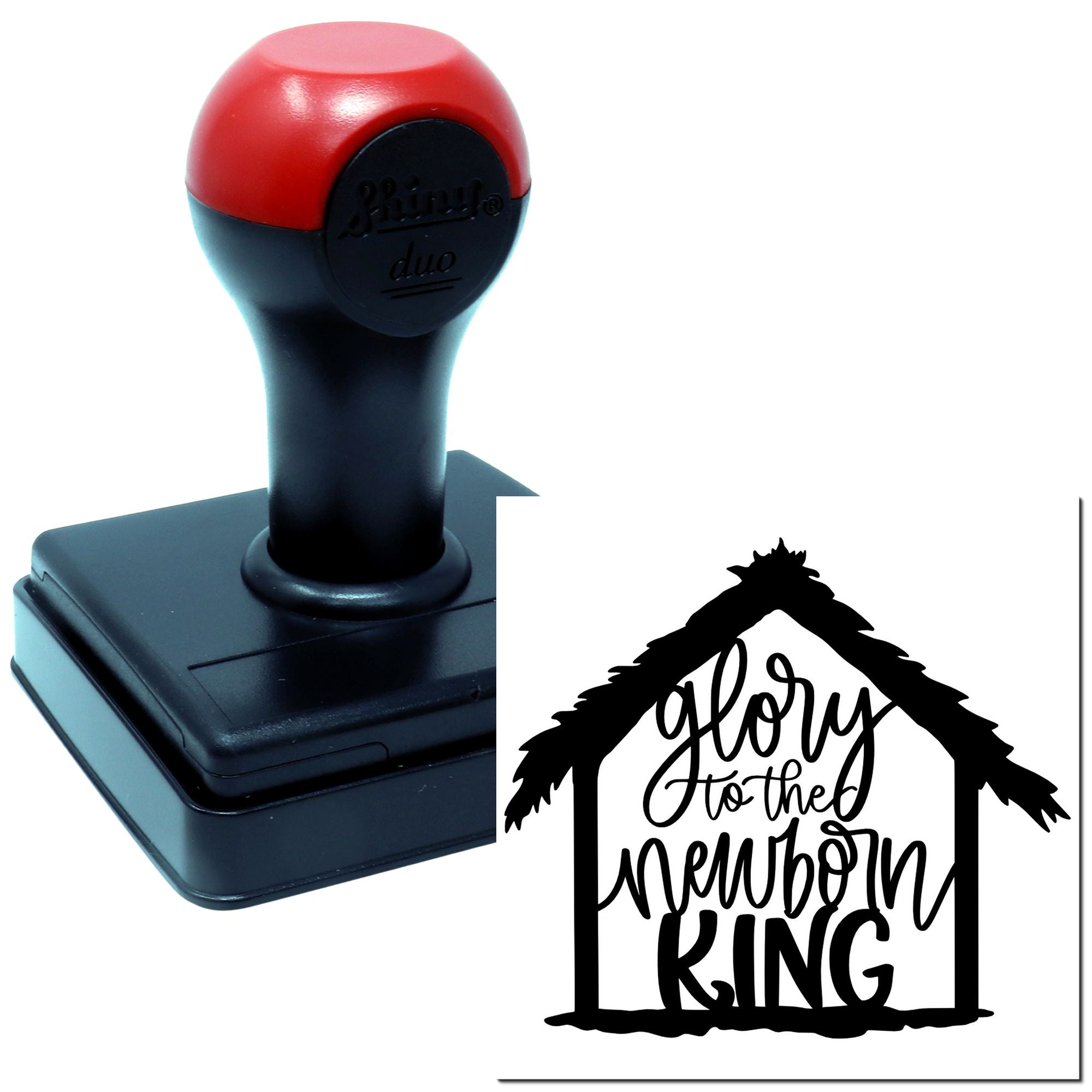 Self-inking rubber stamp with Glory to the Newborn King Christian Christmas design for holiday cards and crafts.