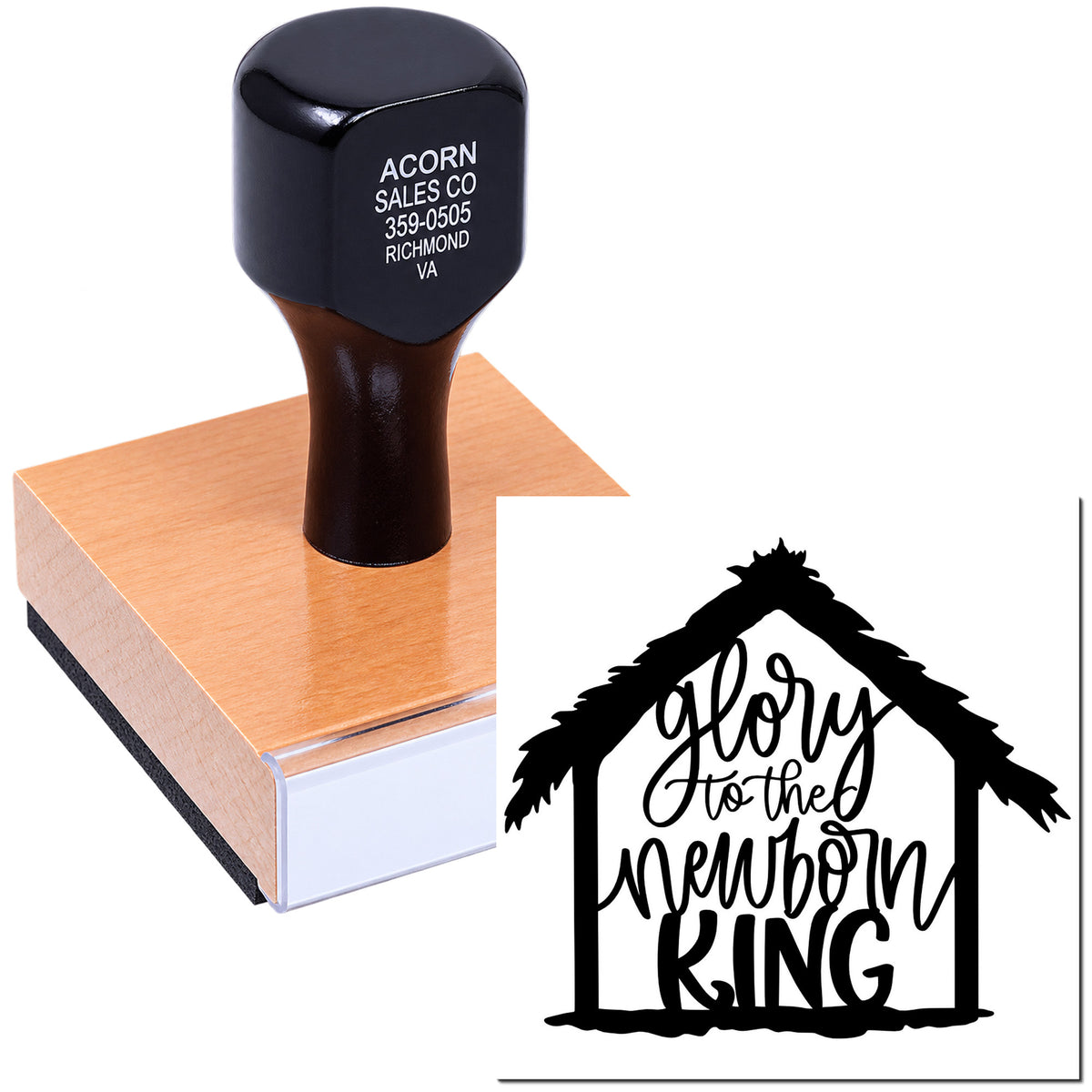 Custom rubber stamp with Glory to the Newborn King design for Christmas crafts and holiday card making.