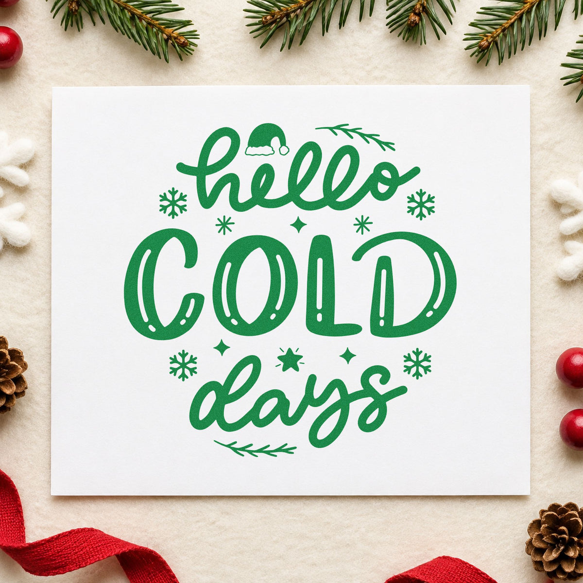 Hello Cold Days craft stamp imprint in green ink on a handmade project, one idea being knit hat gift tags.