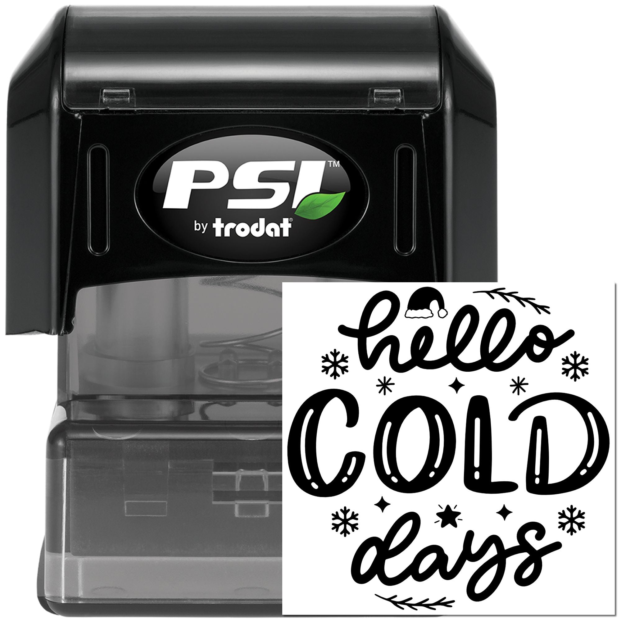 Self-inking PSI by Trodat rubber stamp with "hello cold days" winter greeting for seasonal crafts and card making.