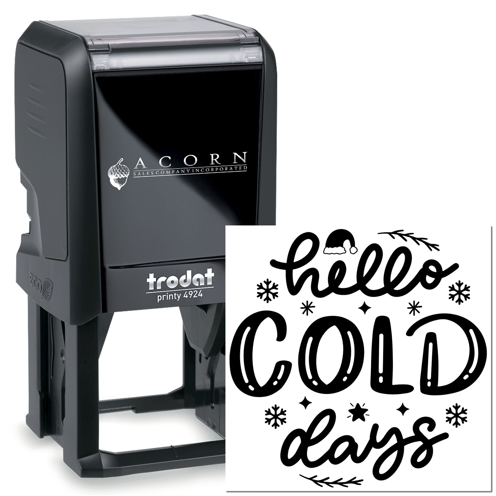 Custom self-inking rubber stamp with hello cold days winter greeting for seasonal cards, packaging, and crafts.