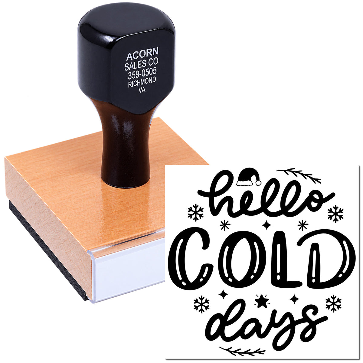 Custom rubber stamp with hello cold days winter design for seasonal cards, packaging, and holiday crafts.
