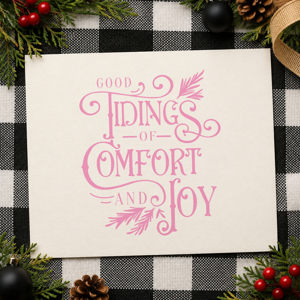 Good Tidings Comfort Joy craft stamp in purple ink on cardstock, an easy option for client letter header.